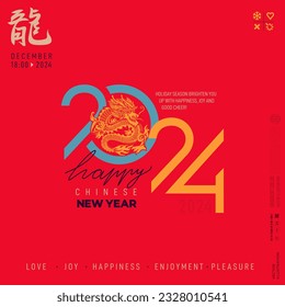 Feliz Año Nuevo Chino 2024. Signo zodiaco, año del Dragón, con arte cortado de papel amarillo y estilo artesanal sobre fondo de color rojo. Dragón chino tradicional para el diseño de tatuajes, dragón de personaje chino.