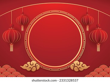 Happy Chinese new year 2024. Chinese new year banner with circle for show product. Greeting card. China frame with lantern on red background.