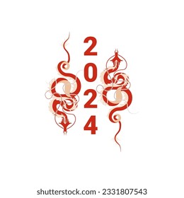 Happy Chinese new year 2024 zodiac sign dragon with flower, lantern, Asian elements. 2024 Year of the Dragon. Vector illustration.