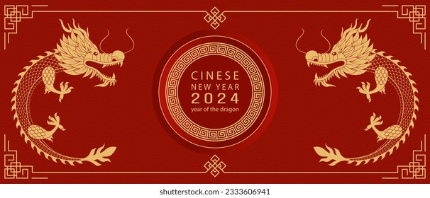 Happy chinese new year 2024 .Zodiac sign. Golden dragon on red background. New year background.Vector illustration