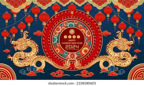 Happy Chinese New Year 2024. Dragon gold zodiac sign on blue background with flower cloud and firework for card design. China lunar calendar animal. Translation Chinese New Year 2024, Dragon. Vector.