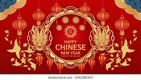 Happy Chinese New Year 2024. Dragon gold zodiac sign on red background with flower for card or banner design. China lunar calendar animal. Translation Chinese New Year, Dragon. Vector