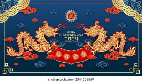 Happy Chinese New Year 2024. Dragon gold zodiac sign inside jade green on blue background. For festival card design. Translation happy new year, Dragon. Vector.