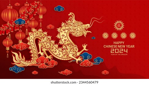 Feliz Año Nuevo Chino 2024. Signo de zodiaco dorado del dragón sobre fondo rojo. Fuegos artificiales de linternas para el diseño de la tarjeta del festival. Traducción feliz año nuevo 2024, dragón. Vector.