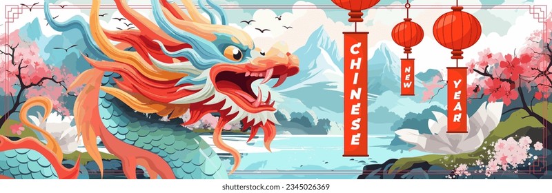 Happy chinese New Year 2024 horizontal art cover. China dragon zodiac sign on nature background. Asian festive greeting card. Oriental traditional mythical serpent. Creative typography vector banner