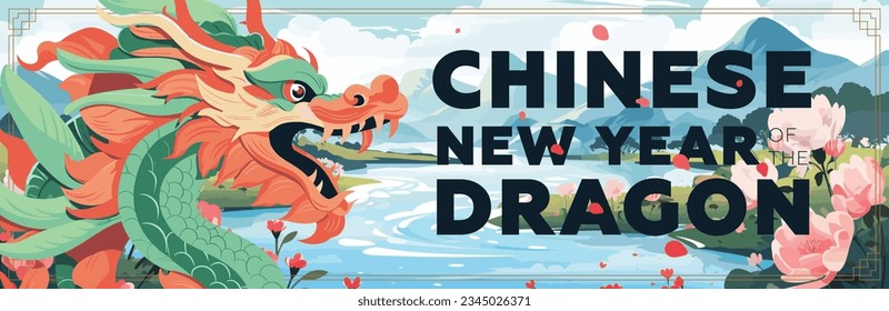 Happy chinese New Year 2024 banner. China dragon zodiac sign on river backdrop. Asian festive horizontal print. Creative typography art cover. Oriental traditional mythical serpent vector illustration