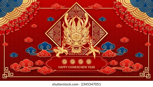 Feliz Año Nuevo Chino 2024. Signo de zodiaco dorado del dragón sobre fondo rojo para el diseño de la tarjeta. Animales del calendario lunar de China. Traducción al Año Nuevo Chino. Vector