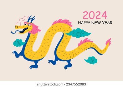 Happy chinese new year 2024 year of the dragon. Dragon is symbol of 2024. Colorful vector illustration
