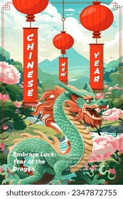 Feliz portada de arte del Año Nuevo chino 2024. Cartel del dragón zodiaco de China sobre el fondo de la naturaleza. Tarjeta de saludo festivo asiática. Mítica ilustración oriental tradicional serpenteante. Afiche vectorial de tipografía creativa