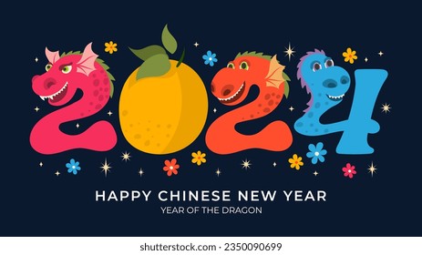 Happy Chinese New Year 2024, cartoon cute dragon zodiac character forming of 2024 number