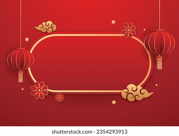 Happy Chinese new year 2024. Chinese new year banner with circle for show product. Greeting card. China frame with lantern on red background.