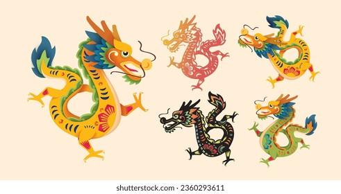 Happy Chinese New Year 2024, Dragon zodiac sign. Asian style design. Concept for traditional holiday card, banner, poster, decor element.