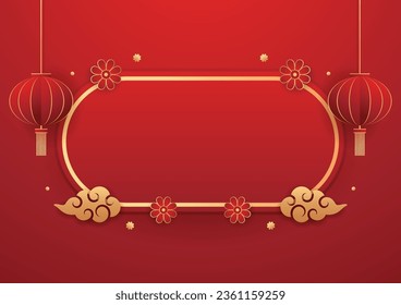 Happy Chinese new year 2024. Chinese new year banner with circle for show product. Greeting card. China frame with lantern on red background.