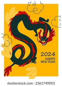 Alles Gute zum chinesischen Neujahr 2024. Vektorgrafik eines grünen Holzdrachen im handgezeichneten Flachstil. Postkarte oder Plakatdesign-Vorlage.  