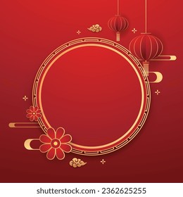 Happy Chinese new year 2024. Chinese new year banner with circle for show product. Greeting card. China frame with lantern on red background.