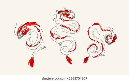 Happy Chinese New Year 2024. Vector illustration of a green wooden dragon in hand drawn line style. Postcard or poster design template.  