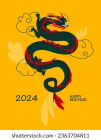 Happy Chinese New Year 2024. Vector illustration of a green wooden dragon in flat hand drawn style. Postcard or poster design template.  
