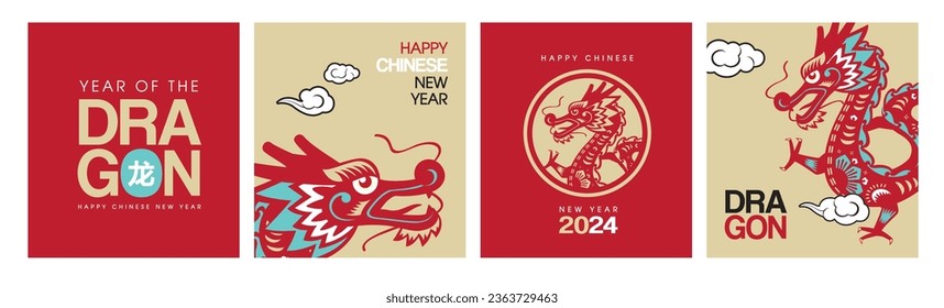 Feliz Año Nuevo Chino 2024, cartel de dragón zodiac, concepto de estilo moderno plano para tarjeta tradicional de vacaciones, pancarta, afiche, elemento de decoración. Chino traduce: Dragón