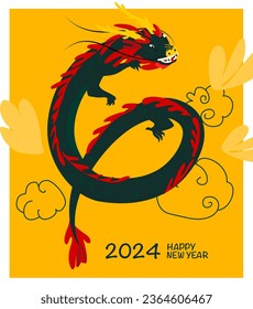 Happy Chinese New Year 2024. Vector illustration of a green wooden dragon in flat hand drawn style. Postcard or poster design template.  