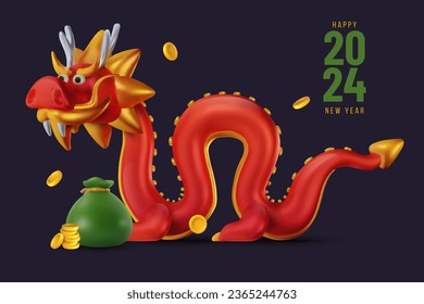 Feliz año nuevo chino 2024. Composición de fondo de vacaciones al estilo de dibujos animados 3d. Plantilla de banner festivo. Dragón rojo símbolo zodiaco brillante con monedas doradas. Ilustración vectorial de corte.