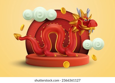 Feliz año nuevo chino 2024. Composición de fondo de vacaciones al estilo de dibujos animados 3d. Plantilla de banner festivo. Símbolo zodiaco brillante dragón rojo podio con nubes. Ilustración vectorial de corte.