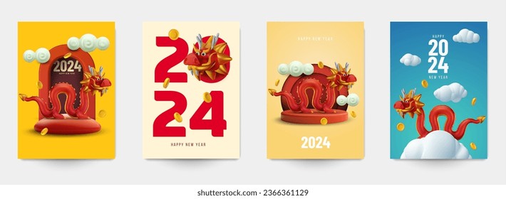 Happy chinese new year 2024. Set festive template background for cover, banner, card, poster. Holiday composition with bright zodiac symbol red dragon. Collection vector illustration. 