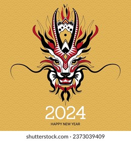 Happy Chinese new year 2024. Zodiac sign, year of the Dragon. Dragon's head on a golden background. Greeting card, greeting card, banner, poster.
