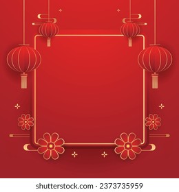 Happy Chinese new year 2024. Chinese new year banner with circle for show product. Greeting card. China frame with lantern on red background.