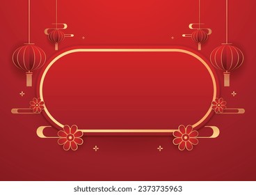 Happy Chinese new year 2024. Chinese new year banner with circle for show product. Greeting card. China frame with lantern on red background.