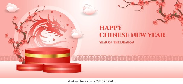 Happy Chinese New Year 2024 Podium stage, Dragon zodiac sign with cherry blossoms illustration