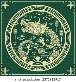 Happy Chinese new year 2024 Zodiac sign, year of the Dragon, with yellow paper cut art and craft style on green color background (Chinese Translation : happy new year 2024, year of the Dragon)