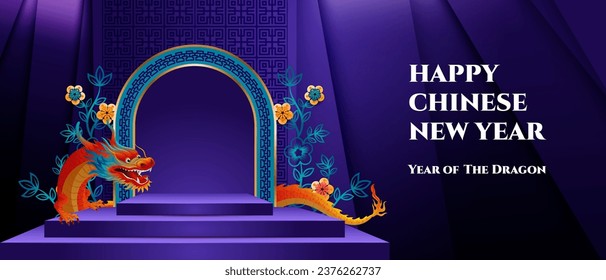 Happy Chinese New Year 2024 Blue Podium stage, Dragon zodiac sign with peony flower illustration