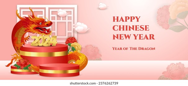 Happy Chinese New Year 2024 Podium round stage, Dragon zodiac sign with peony flower illustration