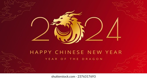 Feliz Año Nuevo Chino 2024 Signo Dragon Zodiac - logotipo oro 2024 con cabeza de dragón sobre fondo rojo - diseño vector minimalista