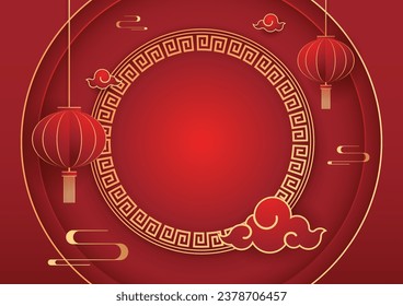 Happy Chinese new year 2024. Chinese new year banner with circle for show product. Greeting card. China frame with lantern on red background.