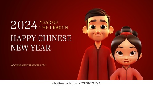 Happy Chinese new year 2024 greeting banner design template 3d man and woman vector illustration. Asian traditional culture holiday celebrate with couple pair portrait in national costume red poster