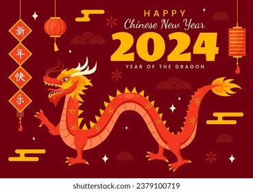 Happy Chinese New Year 2024 Vector Illustration. Translation : Year of the Dragon. with Flower, Lantern, Dragons and China Elements on Background