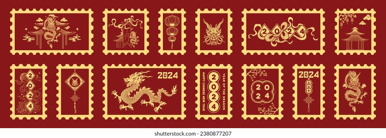 Happy chinese new year 2024 postage stamp set. The dragon zodiac sign with clouds, lantern, asian elements gold paper cut style on red background. Isolated vector illustration. 
