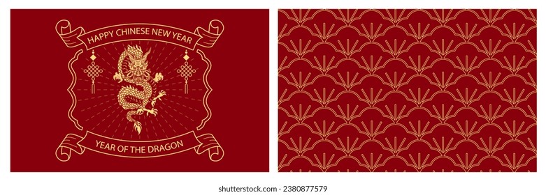 Happy chinese new year 2024 the dragon zodiac card set with gold asian elements on red background. Year of the dragon banner. Line art vector illustration