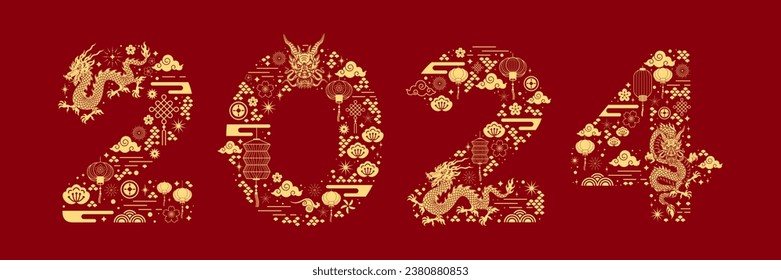 Happy chinese new year 2024 the dragon zodiac sign with clouds, lantern, asian elements gold paper cut style on color background. Year of the dragon banner	
