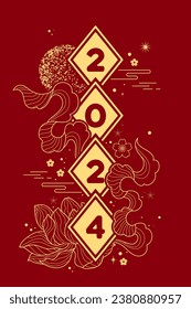 Felices símbolos chinos del año nuevo 2024 con flores, loto, luna y elementos asiáticos dorados sobre fondo de color rojo. Cartel del año del dragón