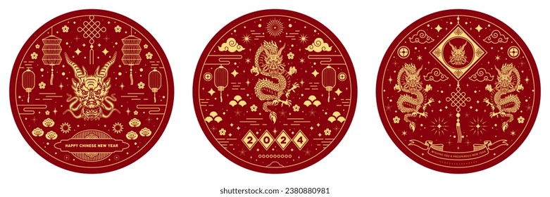 Happy chinese new year 2024 greeting card with gold design elements. Sticker concept for holiday decor, poster, banner. Isolated vector objects illustration line art style.