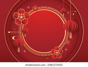 Happy Chinese new year 2024. Chinese new year banner with circle for show product. Greeting card. China frame with lantern on red background.