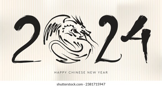 Happy Chinese new year 2024 with dragon on the number, Ink Painting, vector illustration