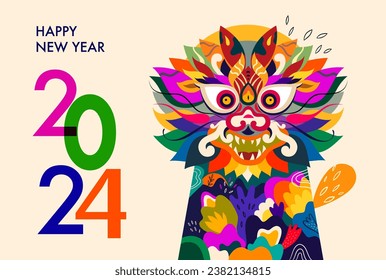 Happy Chinese New Year 2024 vector design. Symbol of 2024 Year of the Dragon. 2024 Happy New Year template. Vector illustration with colorful Dragon. Calendar design