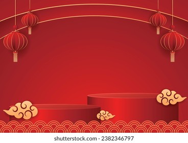 Happy Chinese new year 2024. Chinese new year banner with circle for show product. Greeting card. China frame with lantern on red background.