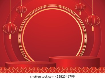 Happy Chinese new year 2024. Chinese new year banner with circle for show product. Greeting card. China frame with lantern on red background.