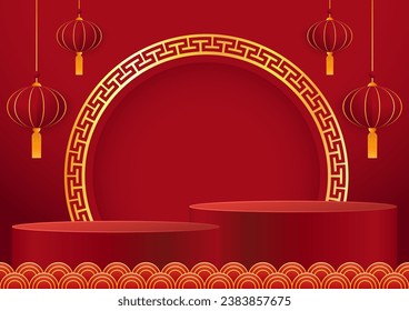 Happy Chinese new year 2024. Chinese new year banner with circle for show product. Greeting card. China frame with lantern on red background.