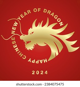 Happy chinese new year 2024 year of the dragon golden zodiac sign in circle logo icon on red background