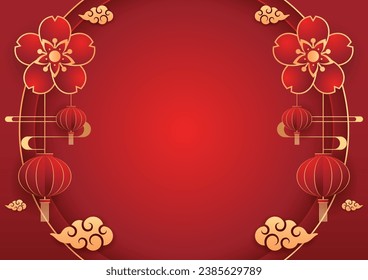 Happy Chinese new year 2024. Chinese new year banner with circle for show product. Greeting card. China frame with lantern on red background.